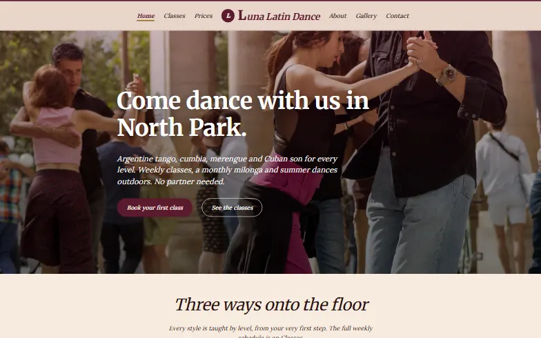 The home page of the Luna Latin Dance template
