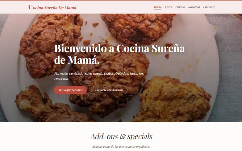La página de inicio de la plantilla Cocina Sureña de Mamá