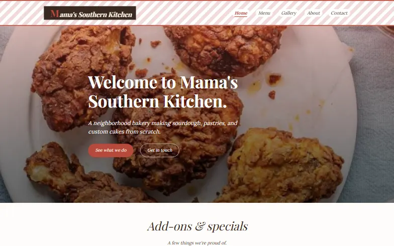 The home page of the Mama's Southern Kitchen template