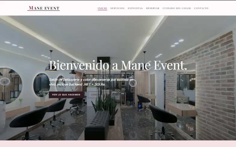 La página de inicio de la plantilla Salón Mane Event