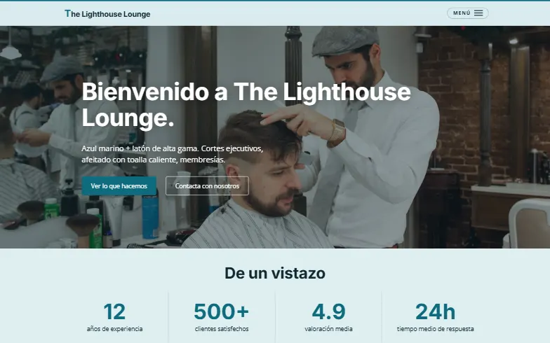 La página de inicio de la plantilla Lounge de Peluquería Masculina