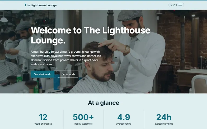 The home page of the Men's Grooming Lounge template