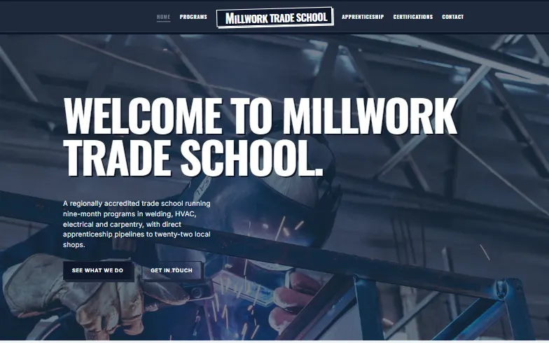 The home page of the Trade School template