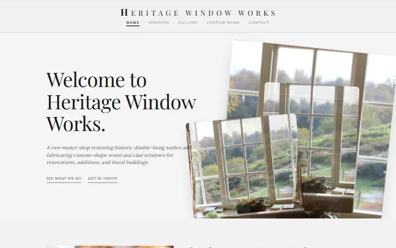 The home page of the Custom & Heritage Window Shop template