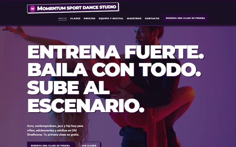 La página de inicio de la plantilla Momentum Sport Dance Studio