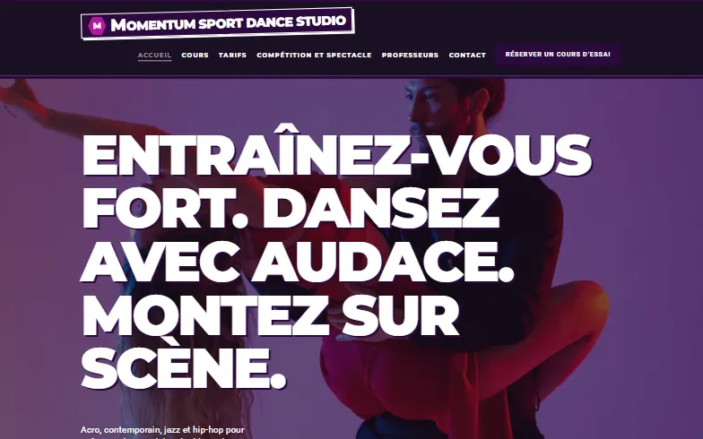 La page d’accueil du modèle Momentum Sport Dance Studio