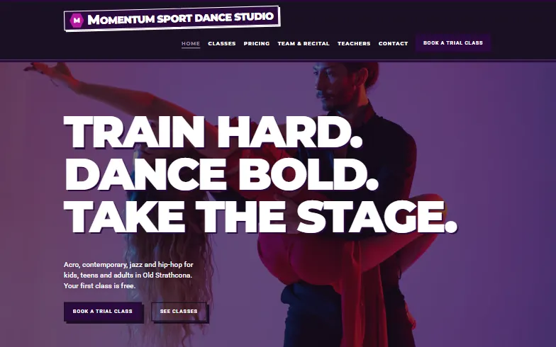 The home page of the Momentum Sport Dance Studio template