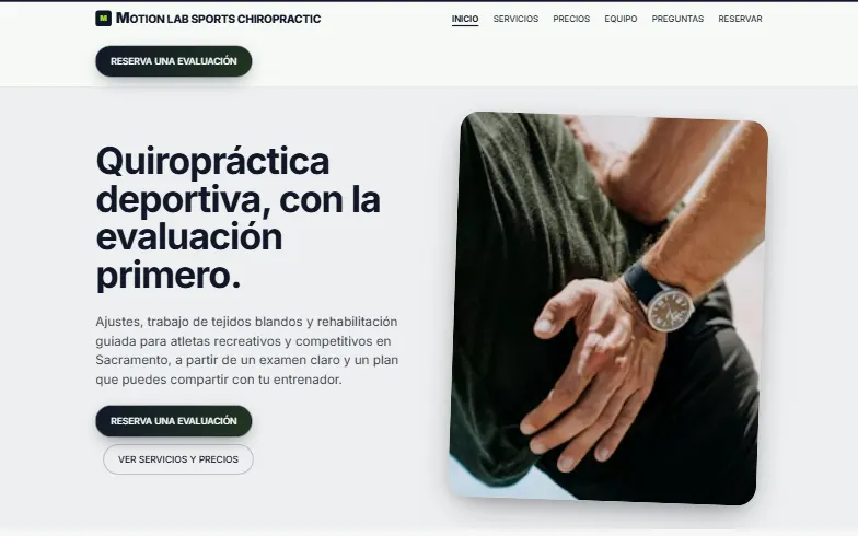 La página de inicio de la plantilla Motion Lab Sports Chiropractic