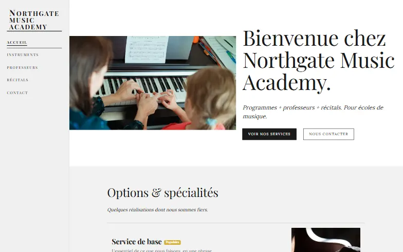 La page d’accueil du modèle École de Musique