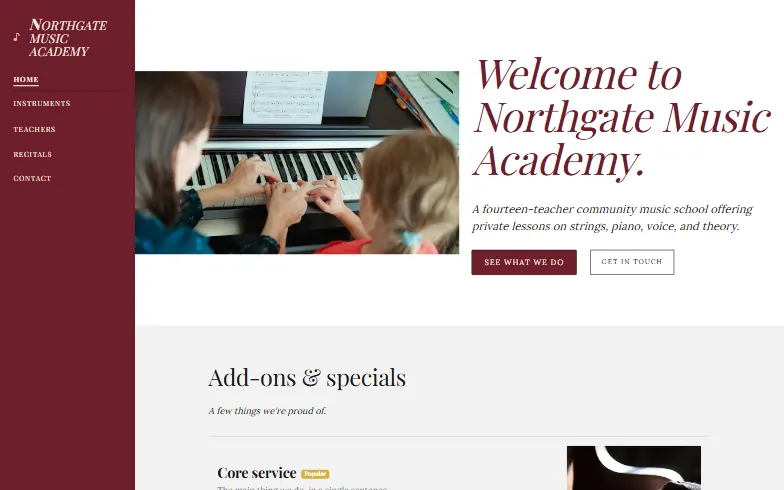 The home page of the Music School template