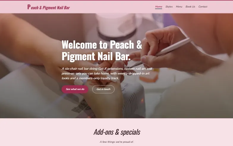 The home page of the Nail Art Boutique template