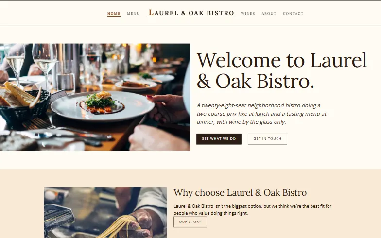 The home page of the Neighborhood Bistro template