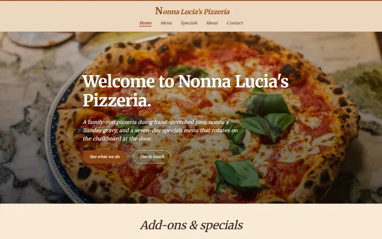The home page of the Nonna's Family Pizzeria template