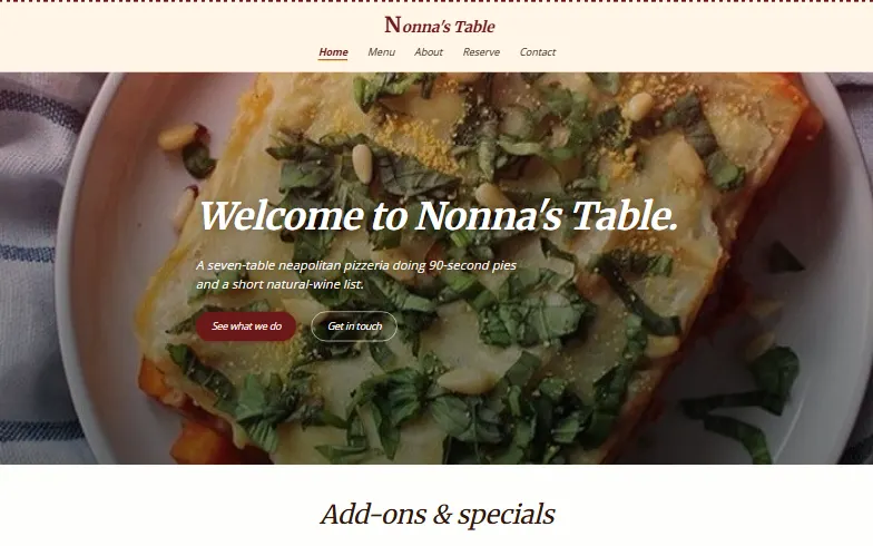The home page of the Nonna's Table template