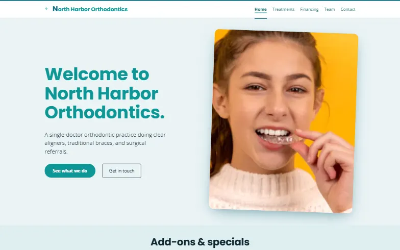 The home page of the Orthodontist template
