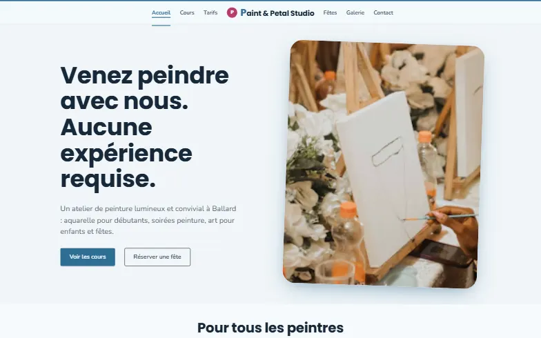 La page d’accueil du modèle Paint & Petal Studio
