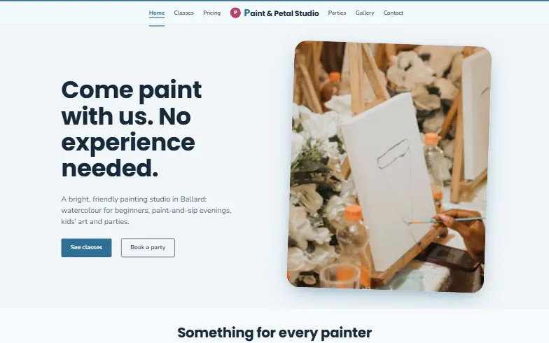 The home page of the Paint & Petal Studio template