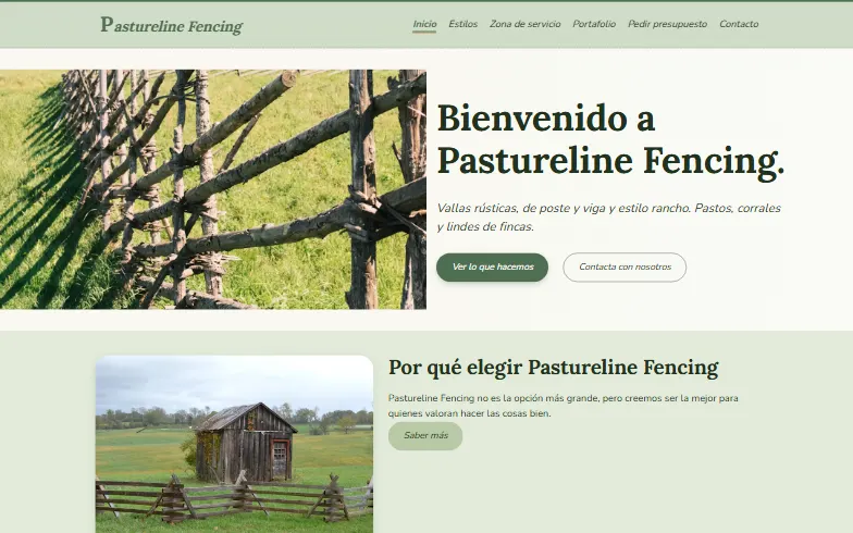 La página de inicio de la plantilla Pastureline Fencing