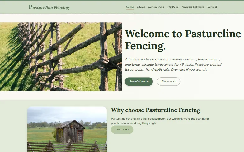 The home page of the Pastureline Fencing template