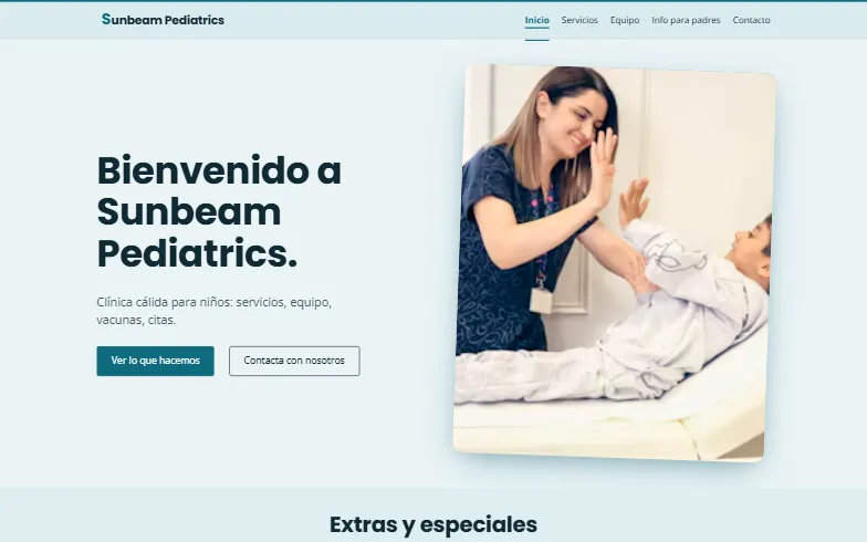 La página de inicio de la plantilla Clínica Pediátrica