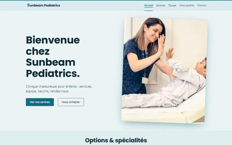 La page d’accueil du modèle Clinique Pédiatrique