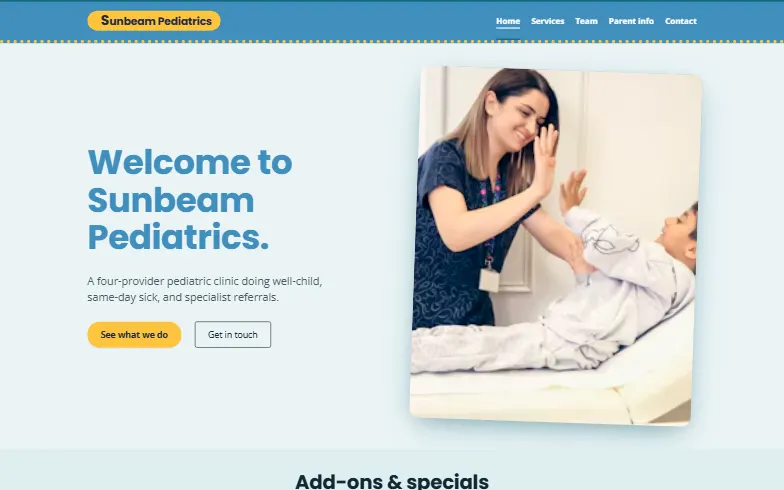 The home page of the Pediatric Clinic template
