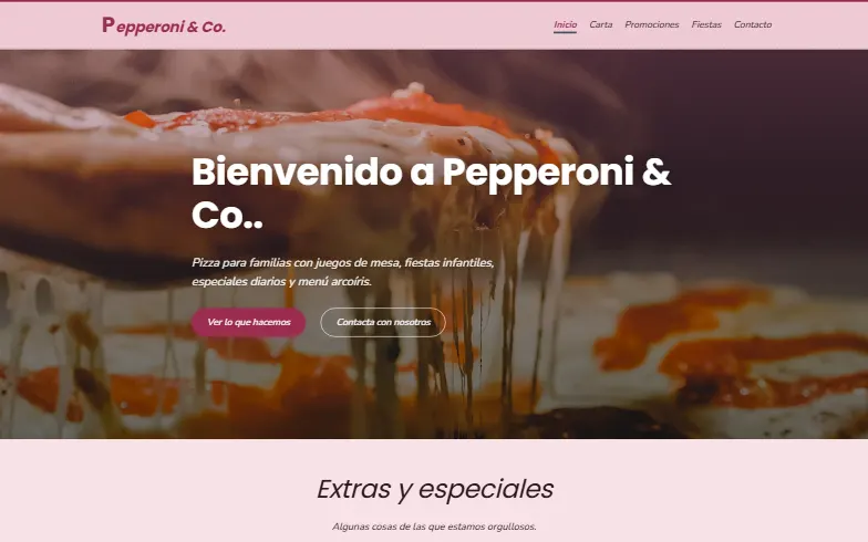 La página de inicio de la plantilla Pepperoni & Cía.