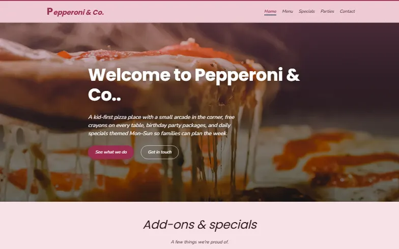 The home page of the Pepperoni & Co. template