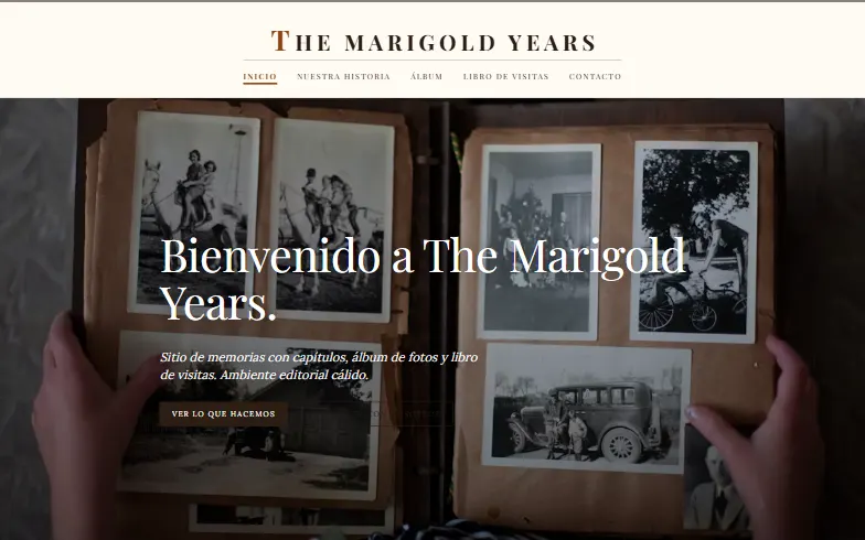 La página de inicio de la plantilla Mi Historia - Sitio Memorias