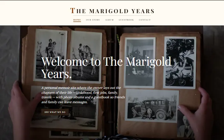 The home page of the My Story — Memoir Site template