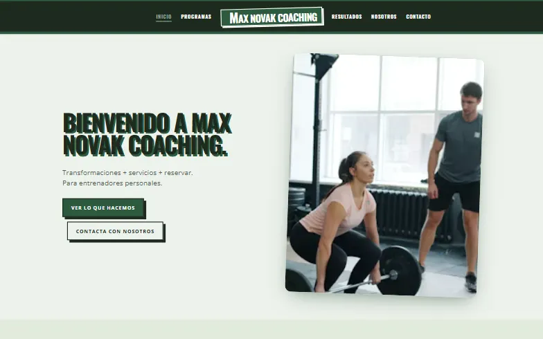 La página de inicio de la plantilla Entrenador Personal