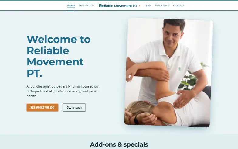 The home page of the Physical Therapy template