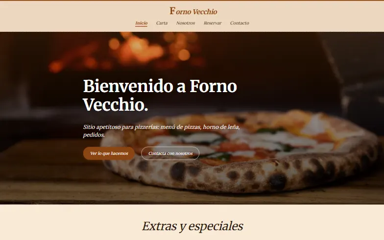 La página de inicio de la plantilla Pizzería