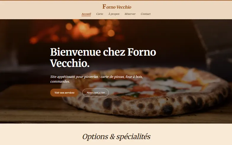 La page d’accueil du modèle Pizzeria