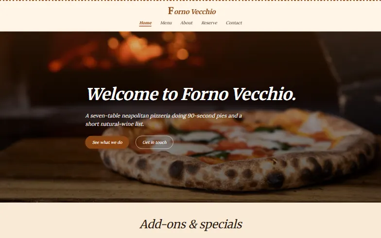 The home page of the Pizzeria template