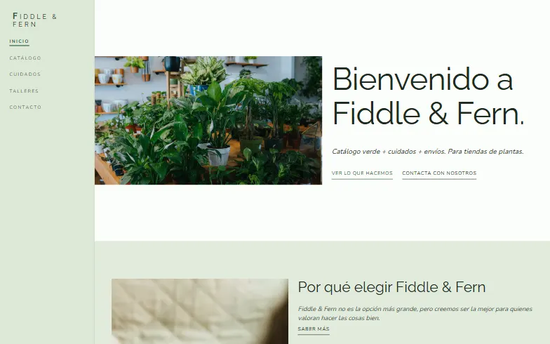 La página de inicio de la plantilla Tienda de Plantas