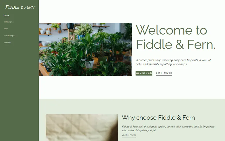 The home page of the Plant Shop template