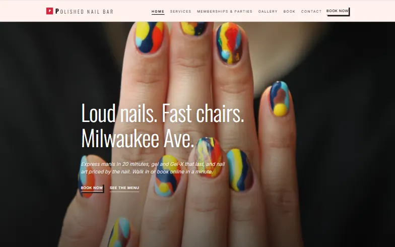 The home page of the Polished Nail Bar template
