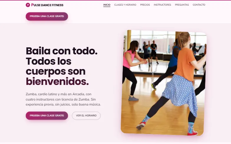La página de inicio de la plantilla Pulse Dance Fitness
