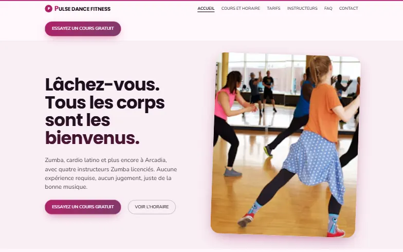 La page d’accueil du modèle Pulse Dance Fitness