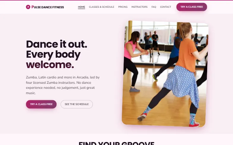 The home page of the Pulse Dance Fitness template