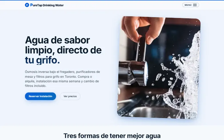 La página de inicio de la plantilla PureTap Drinking Water