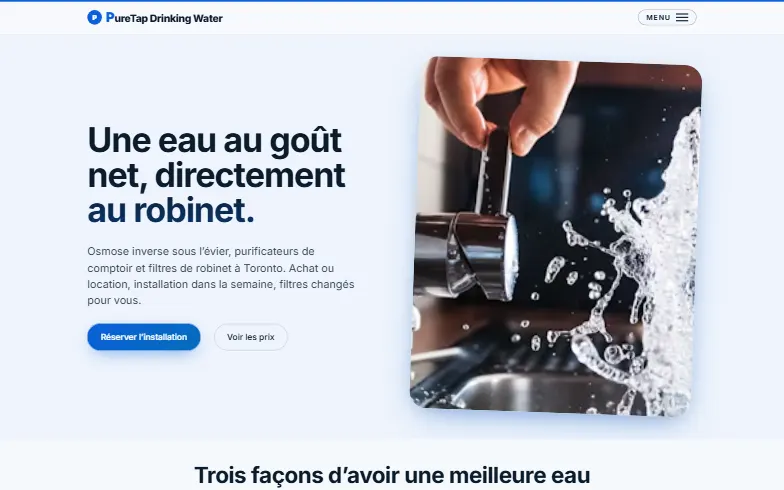 La page d’accueil du modèle PureTap Drinking Water