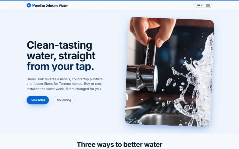 The home page of the PureTap Drinking Water template