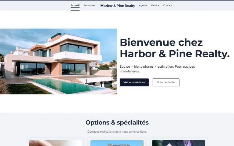 La page d’accueil du modèle Équipe Immobilière
