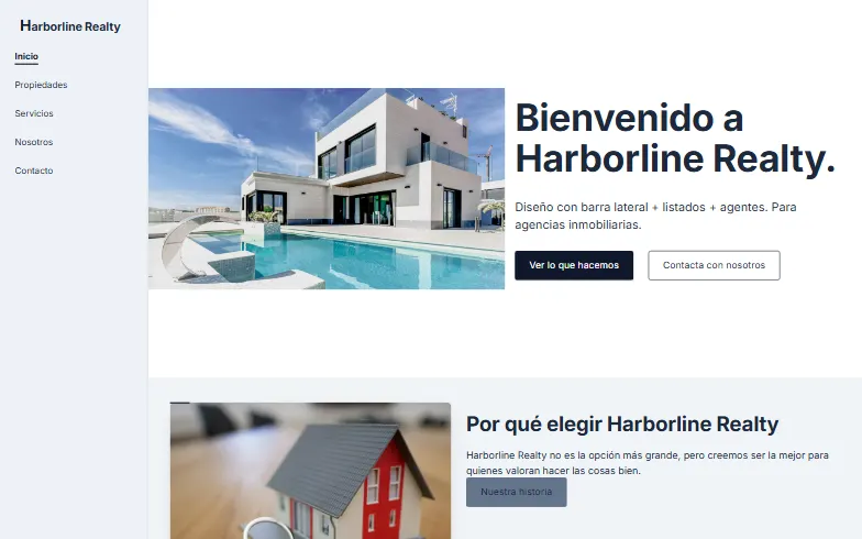 La página de inicio de la plantilla Inmobiliaria
