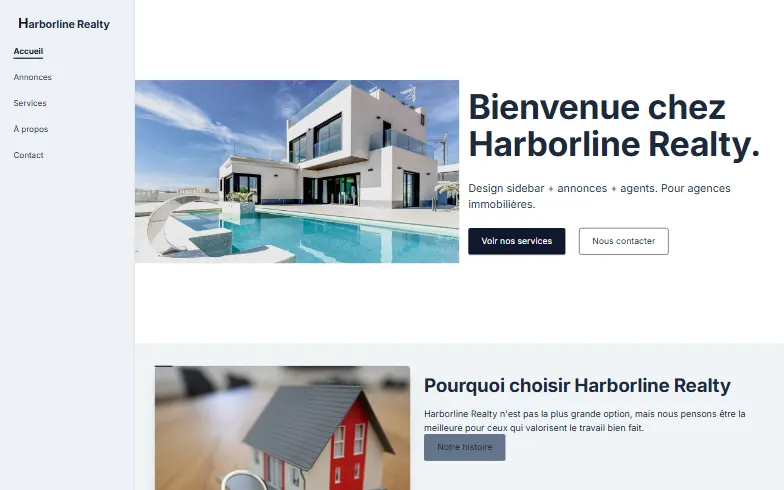 La page d’accueil du modèle Agence Immobilière