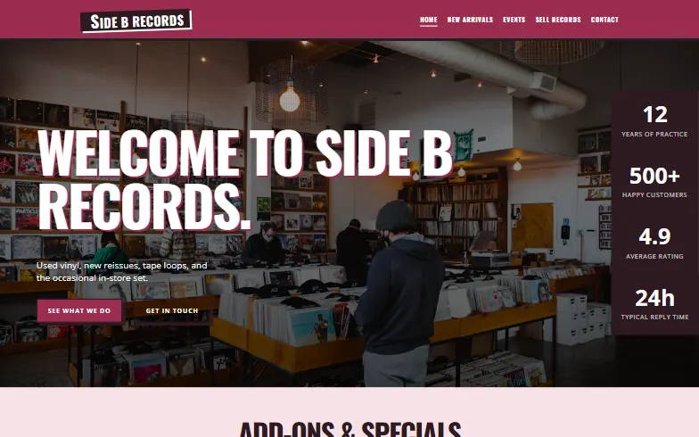 The home page of the Record Store template