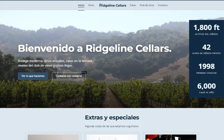 La página de inicio de la plantilla Sala de Catas y Club de Vinos
