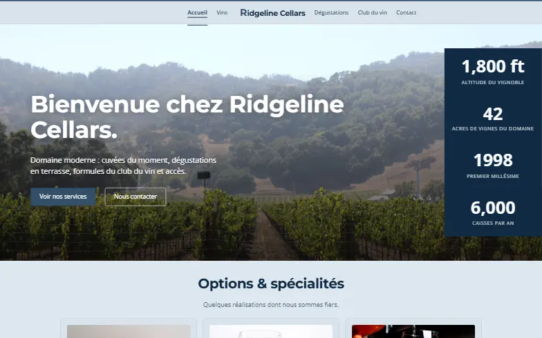 La page d’accueil du modèle Salle de Dégustation et Club du Vin
